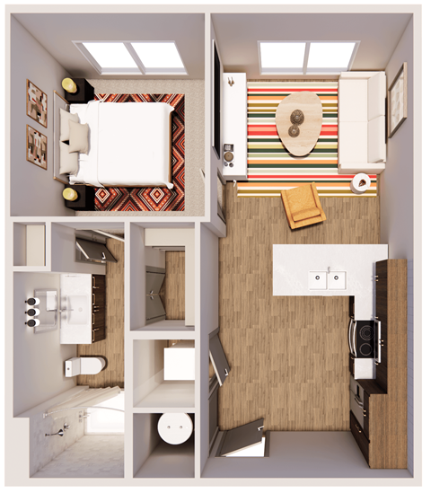 Floor plan for 1 bed, 1 bath, 621 sqft